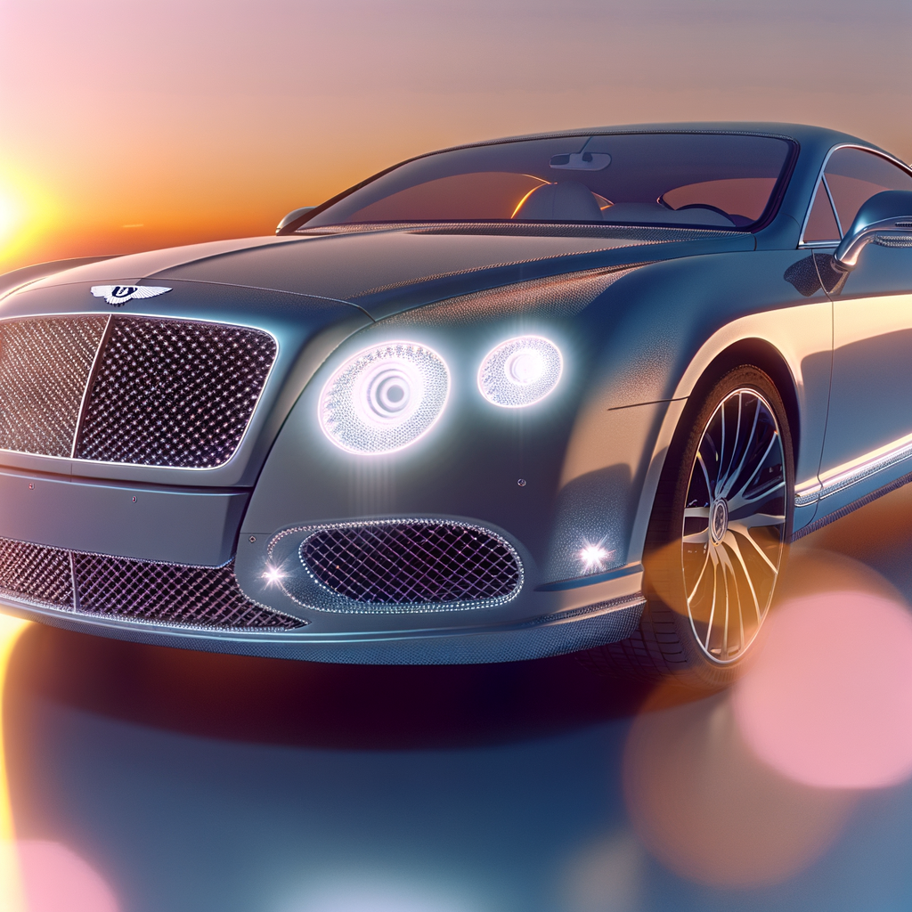 Luxurious Bentley car gleaming in sunset.