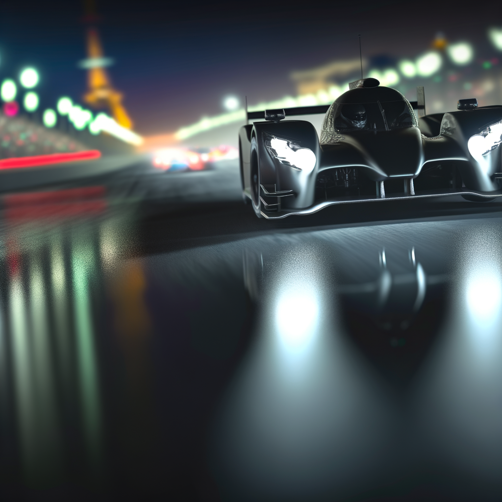Photorealistic racecars speeding under night sky.