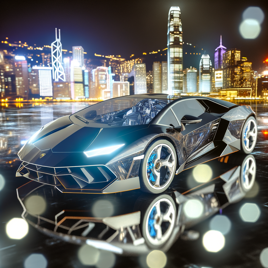Sleek Lamborghini hybrid amidst futuristic cityscape.