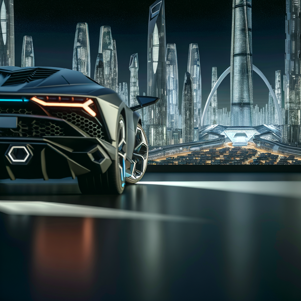 Sleek Lamborghini hybrid amidst futuristic cityscape.