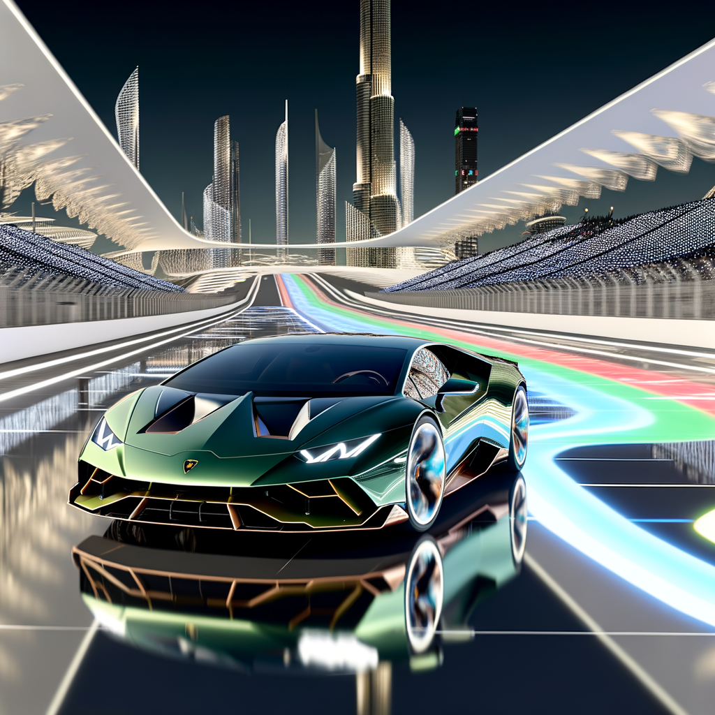 Sleek Lamborghini hybrid on futuristic racetrack.