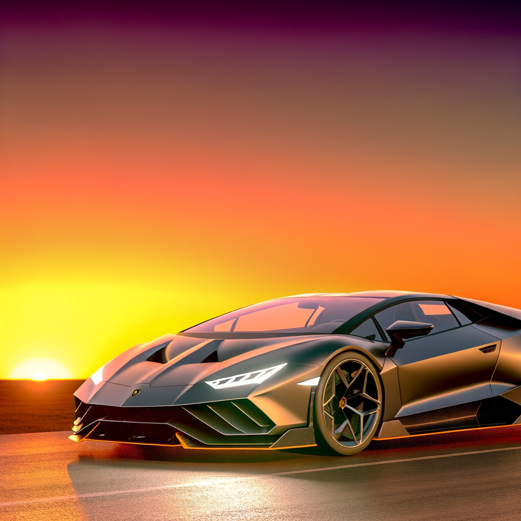 Sleek Lamborghini hybrid supercar amidst sunset.