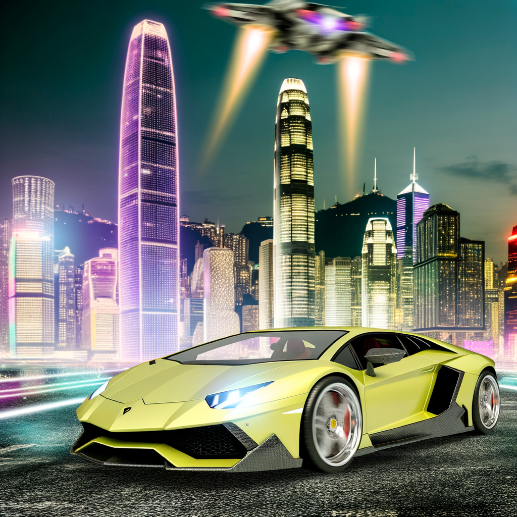 Sleek Lamborghini on futuristic urban backdrop.