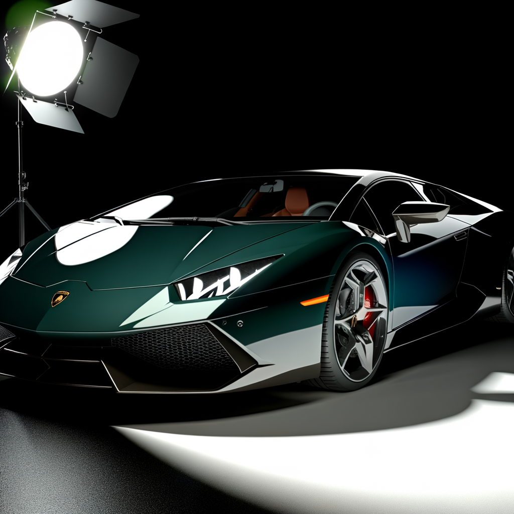 Sleek Lamborghini supercar glistens under spotlight.