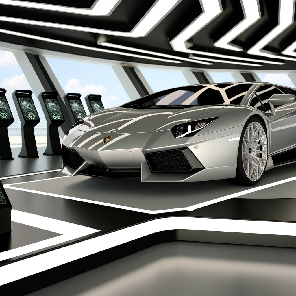 Sleek Lamborghini supercar in futuristic showroom.