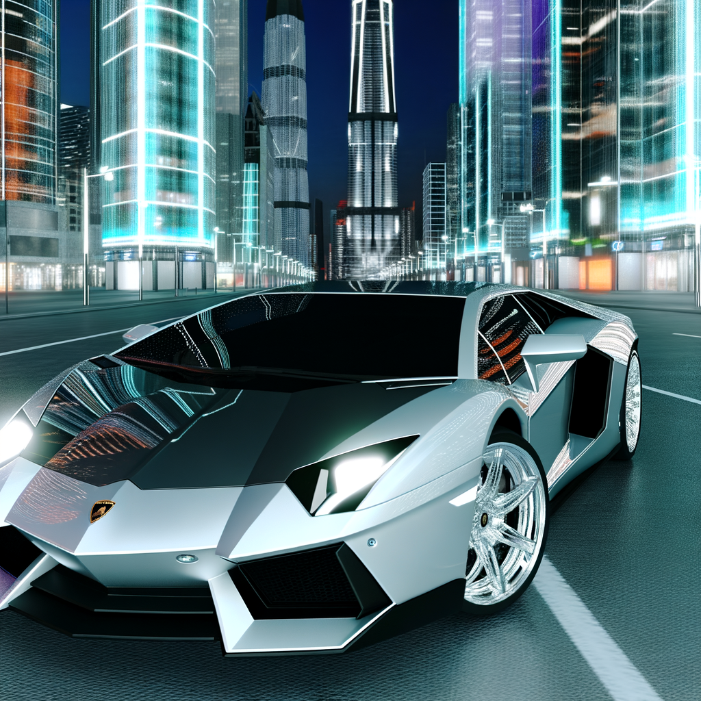 Sleek Lamborghini supercar in futuristic cityscape.