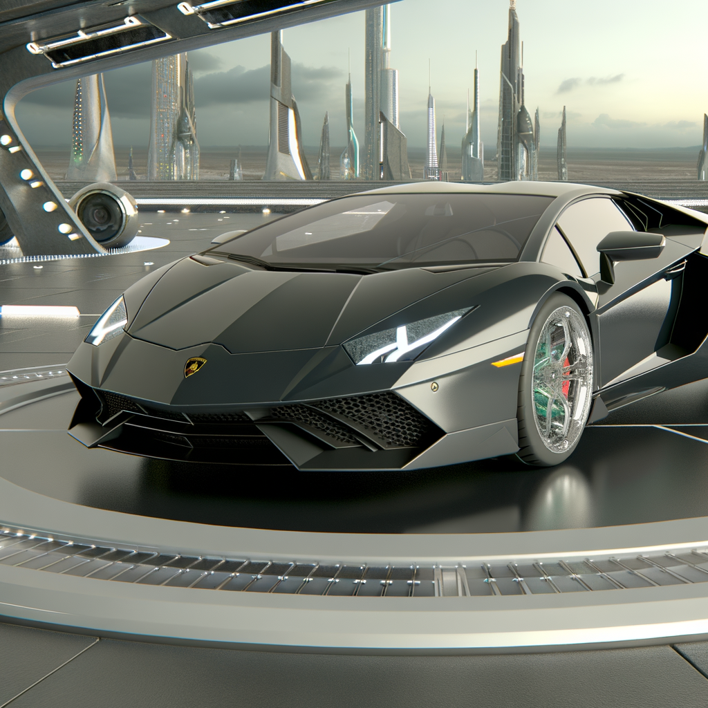Sleek Lamborghini supercar in futuristic setting.