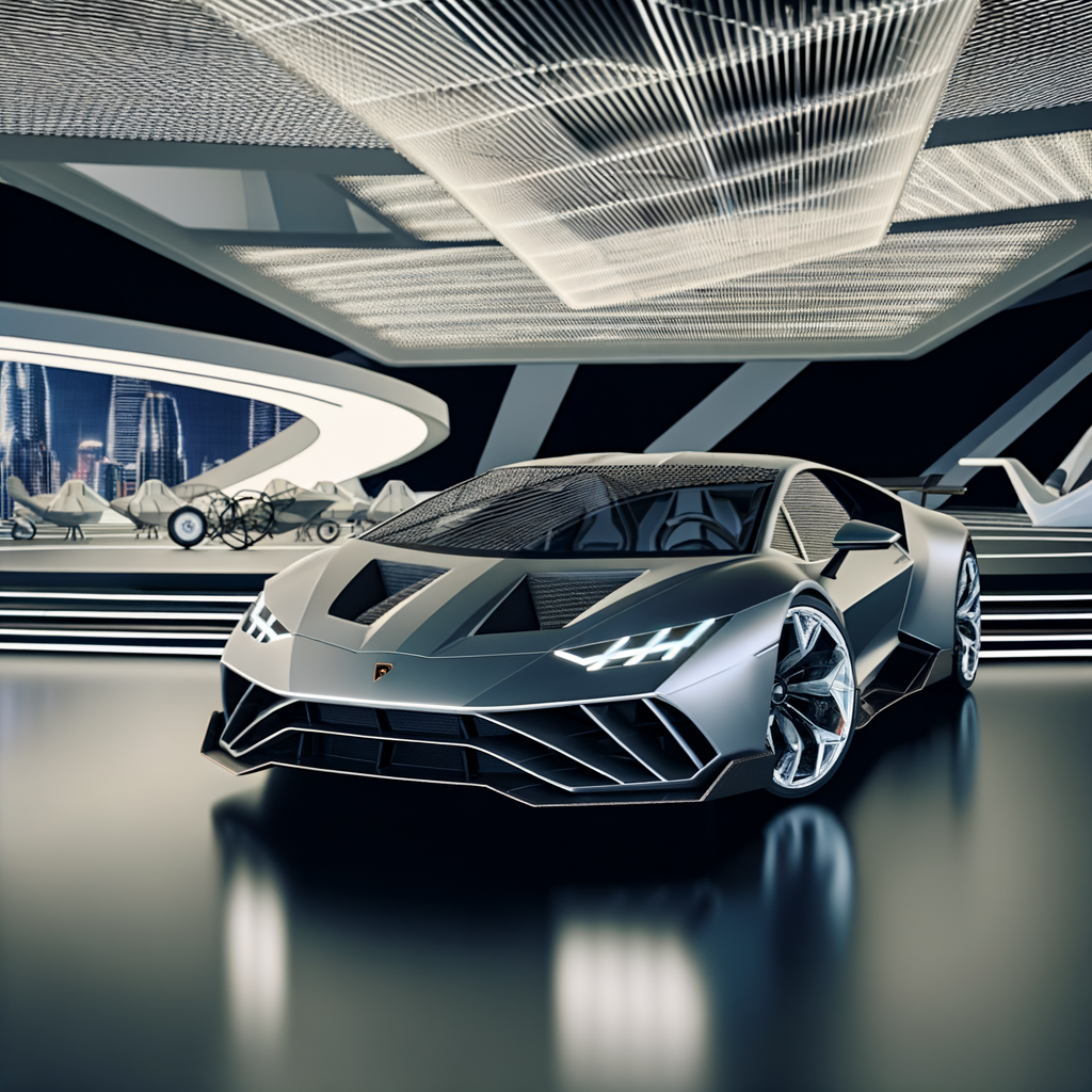 Sleek Lamborghini supercar in futuristic showroom.