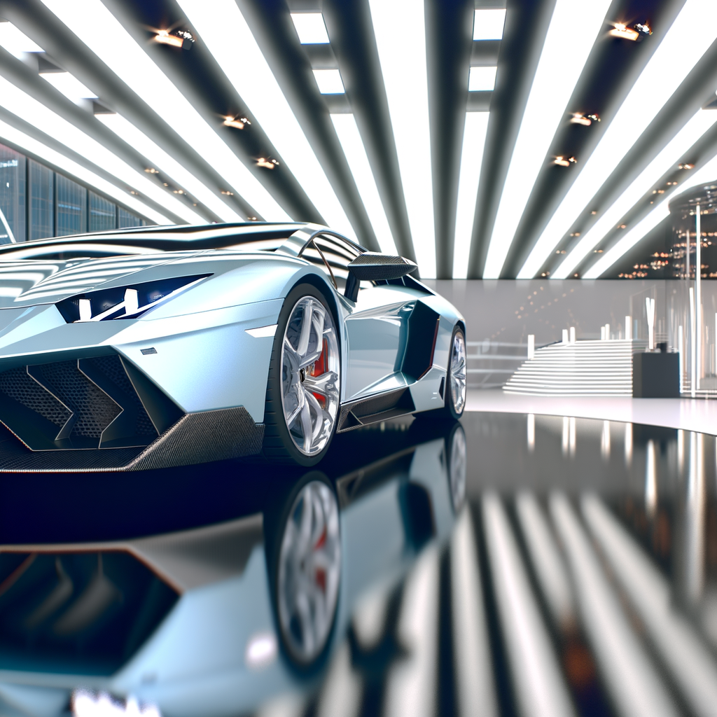 Sleek Lamborghini supercar in futuristic showroom.