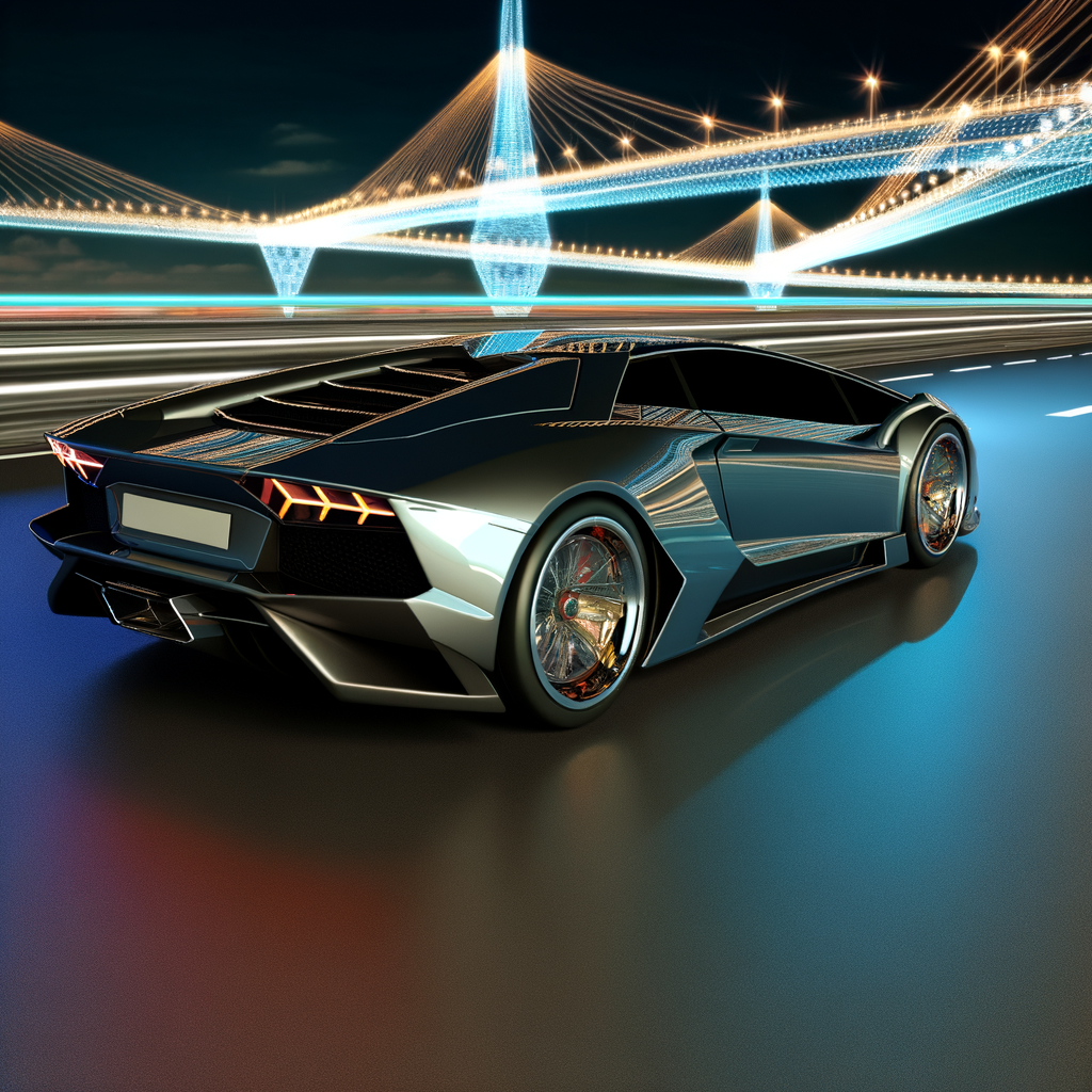 Sleek Lamborghini supercar on futuristic highway.