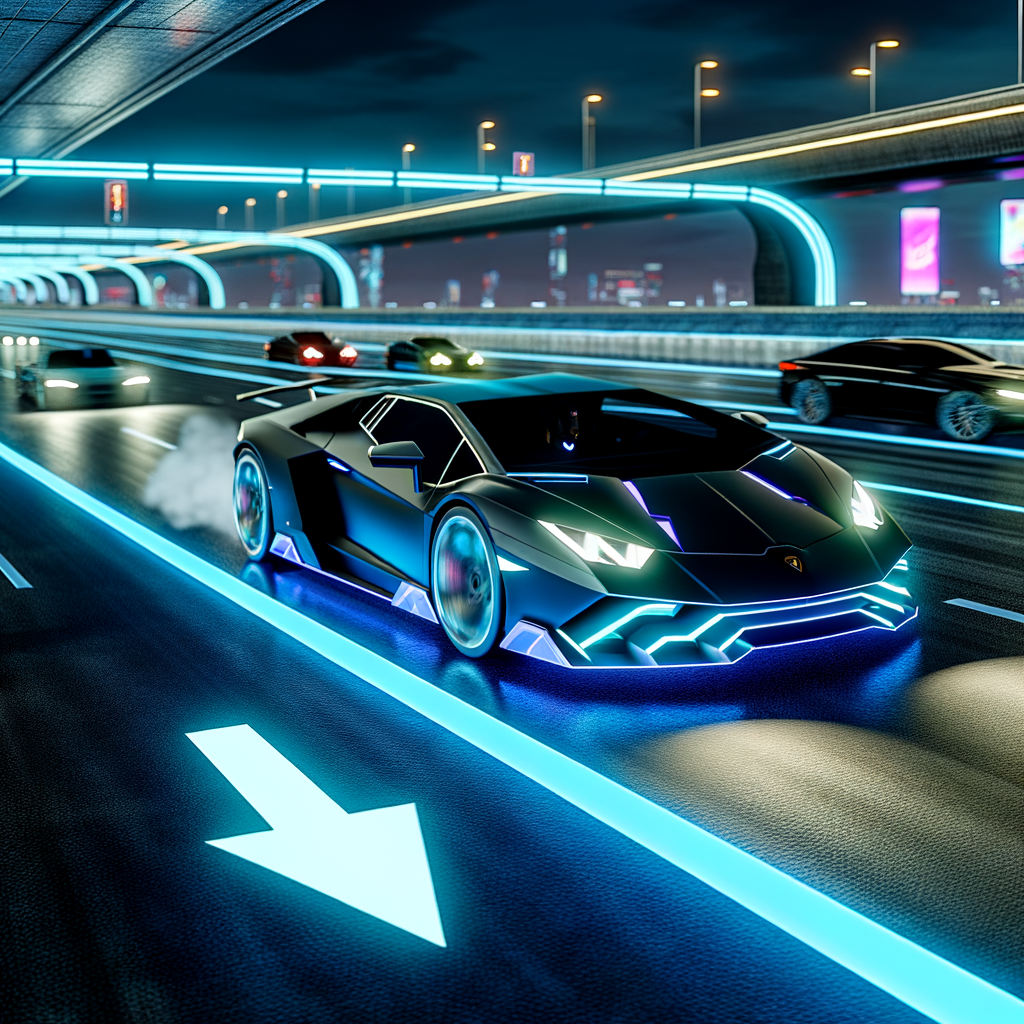 Sleek Lamborghini supercar on futuristic highway.