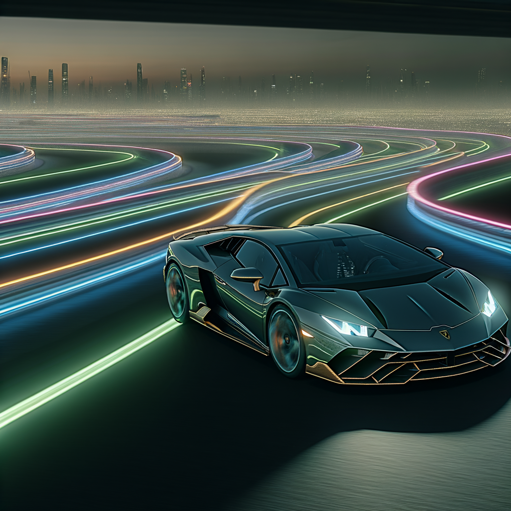 Sleek Lamborghini supercar on futuristic highway.