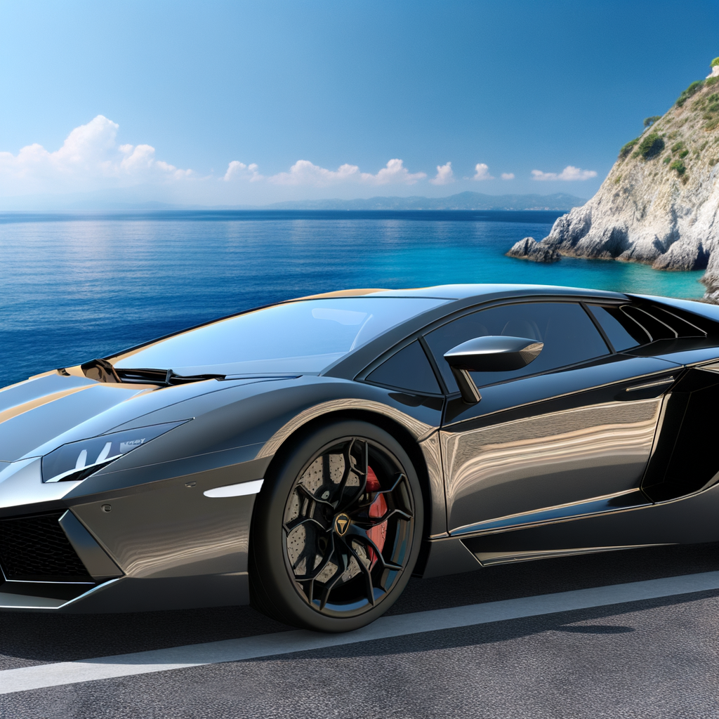 Sleek Lamborghini supercar on Italian coastline.