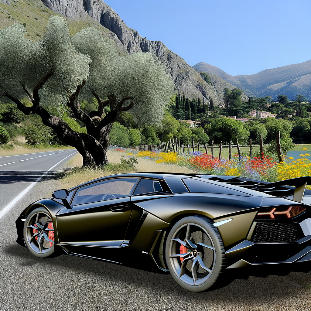 Sleek Lamborghini supercar on scenic highway.