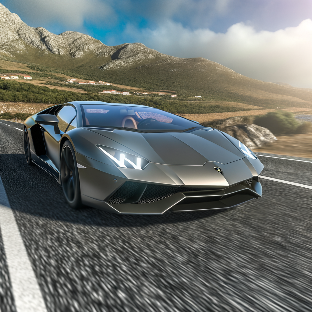 Sleek Lamborghini supercar on scenic highway.