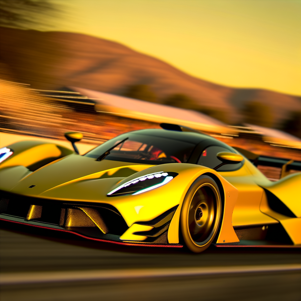 Sleek Lamborghini supercar racing through sunset.