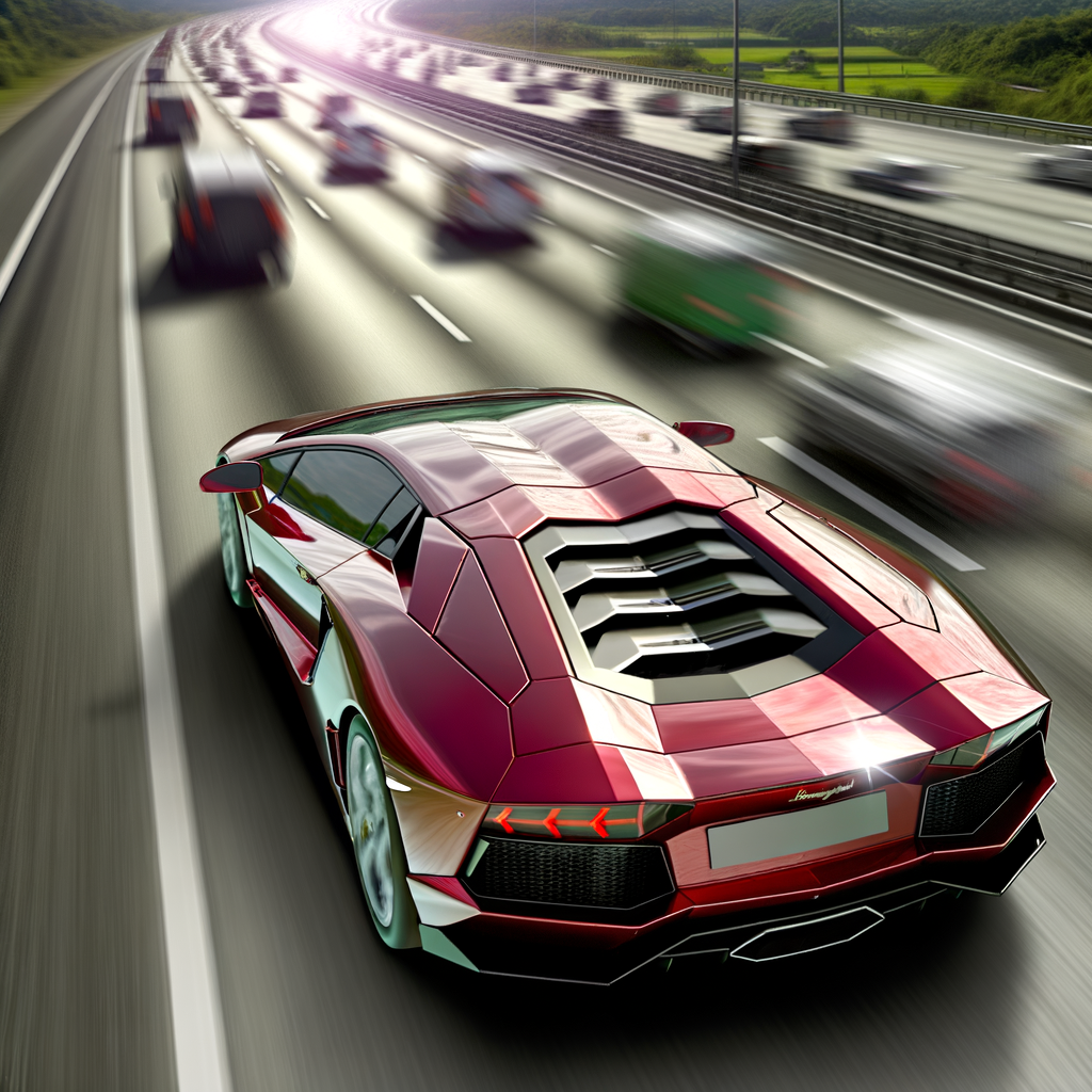 Sleek Lamborghini supercar speeding on highway.
