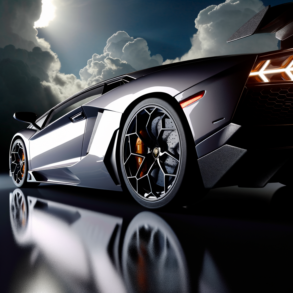 Sleek Lamborghini supercar under dramatic lighting.