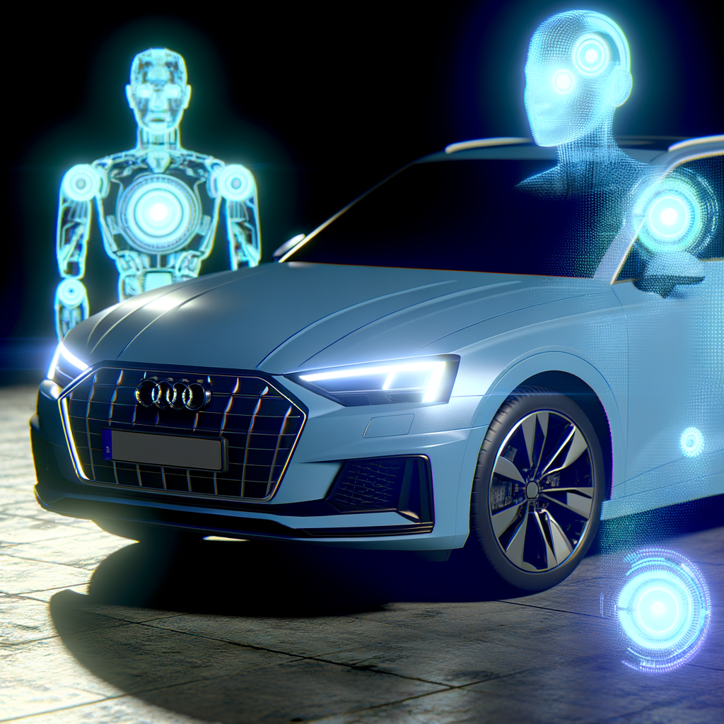 Audi car surrounded by futuristic AI holograms.