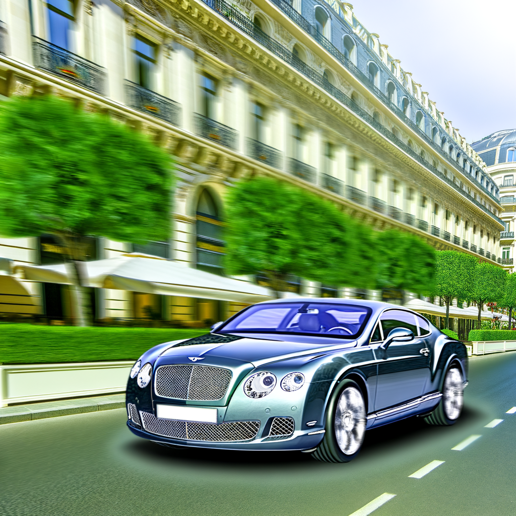 Bentley car gliding down opulent boulevard.