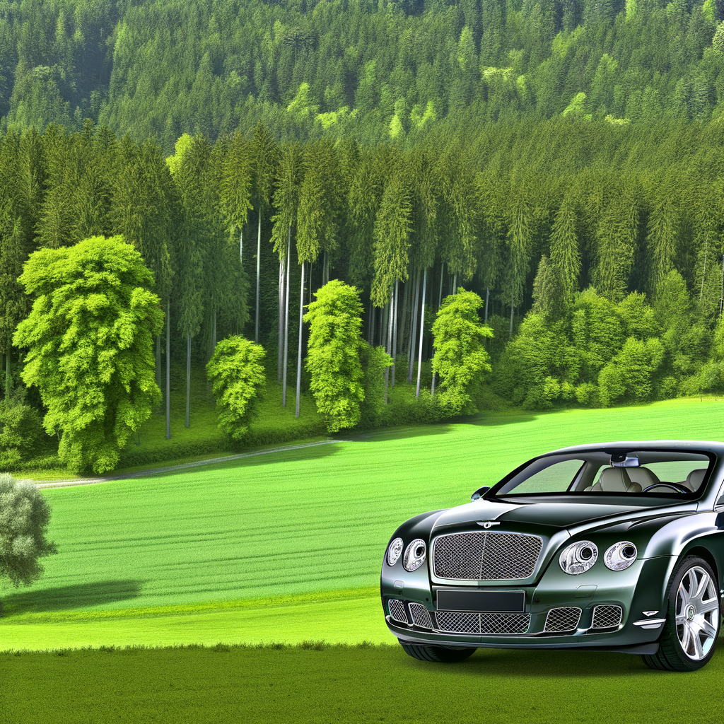 Bentley luxury car amid lush green landscape.