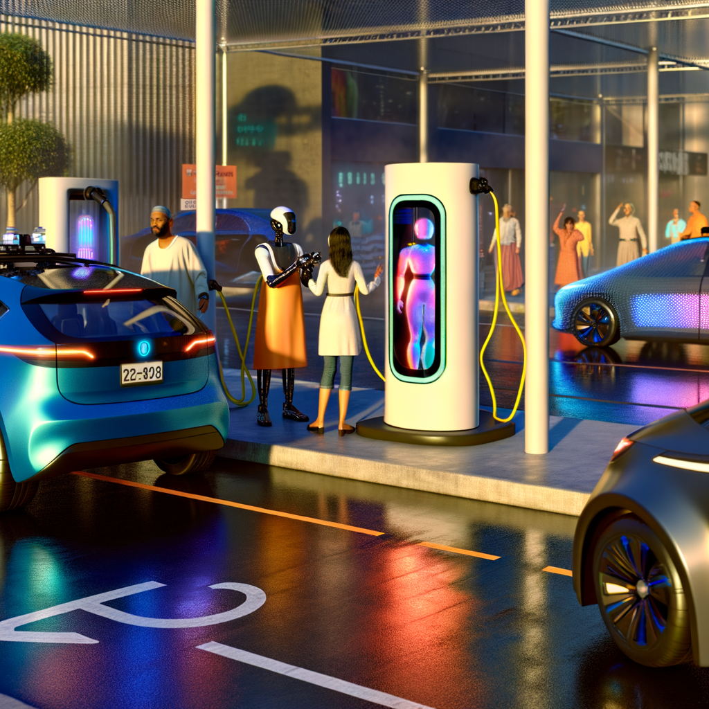 Electric cars charging, autonomous tech showcased.
