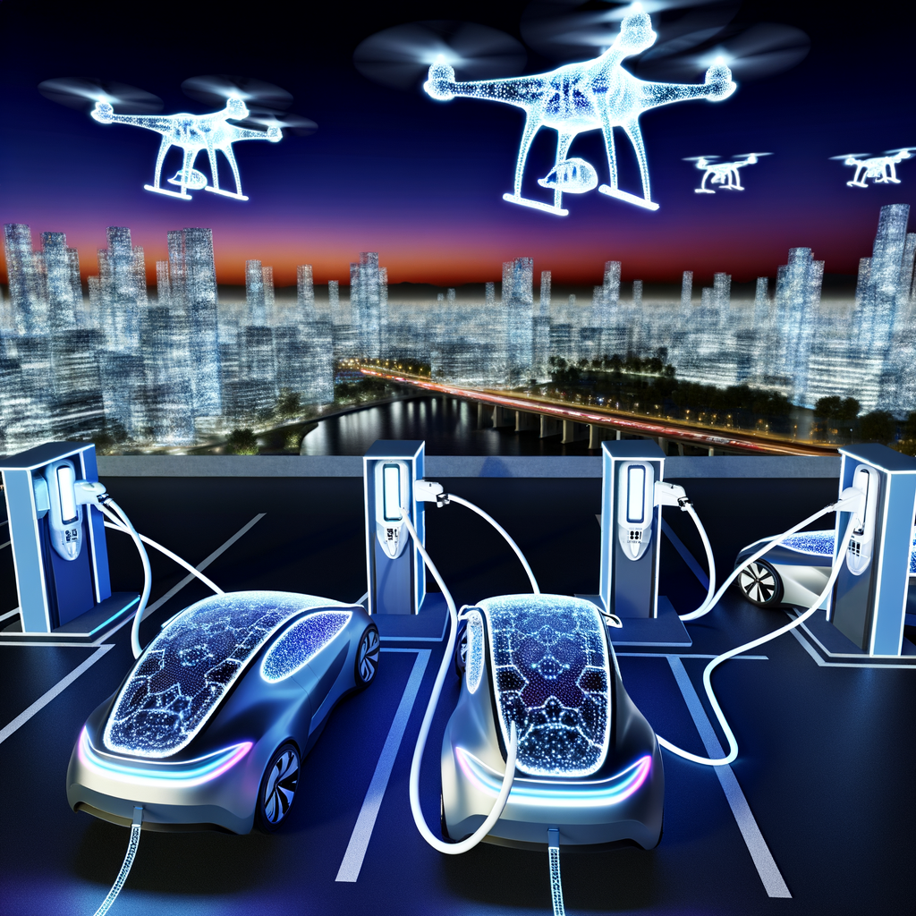 Electric cars charging, drones overhead, futuristic.