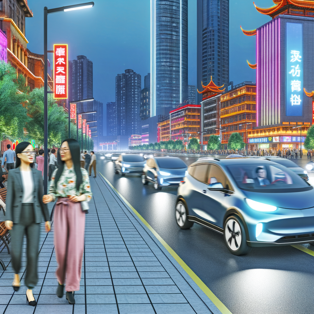 Electric cars crowd vibrant Chinese cityscape.