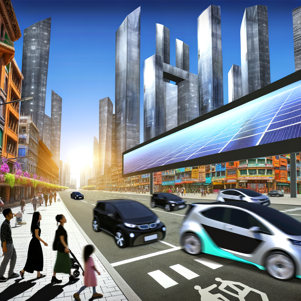 Electric cars lead futuristic cityscape revolution.