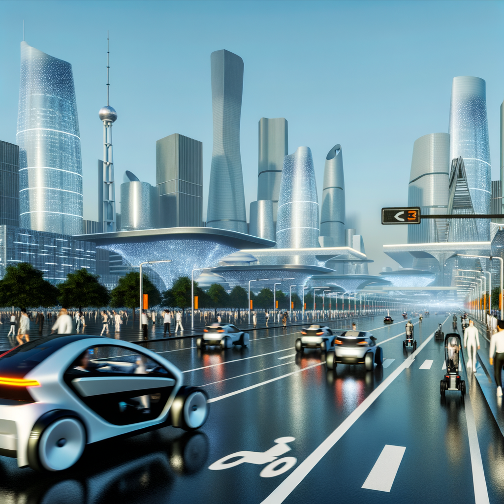 EVs zoom past in futuristic Chinese cityscape.