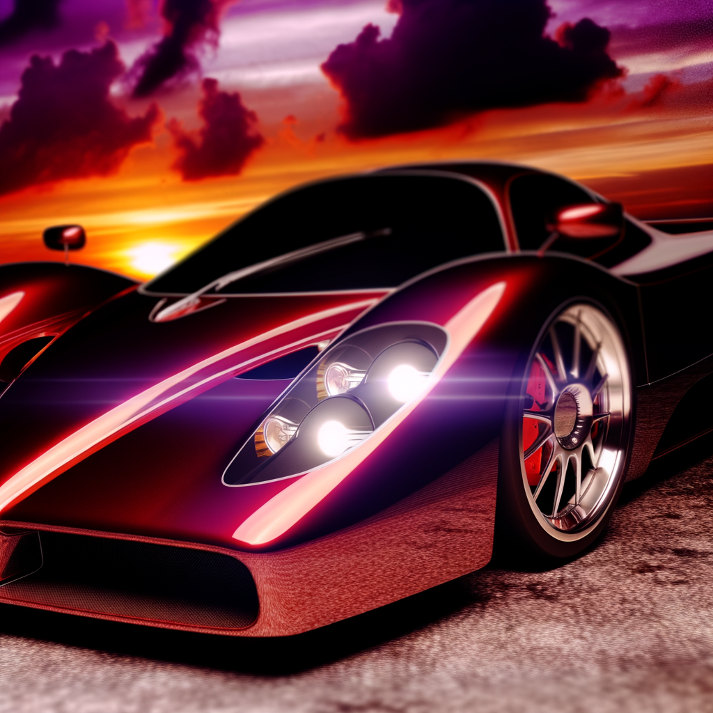 Ferrari supercar gleaming under dramatic sunset.