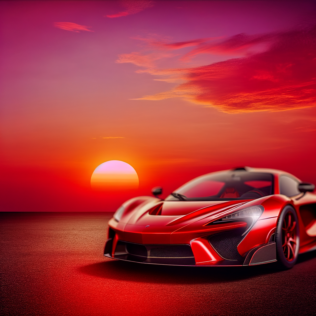 Ferrari supercar gleaming under stunning sunset.