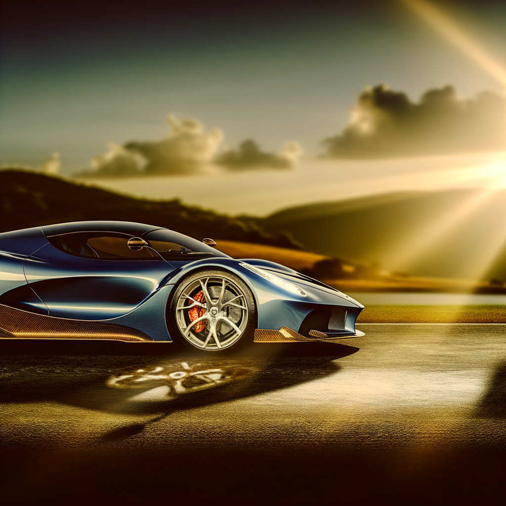 Ferrari supercar gleaming under sunset skies.
