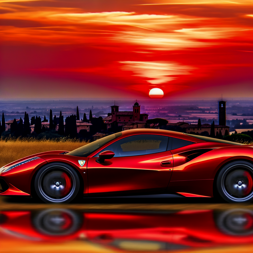 Ferrari supercar glides through Maranello sunset.
