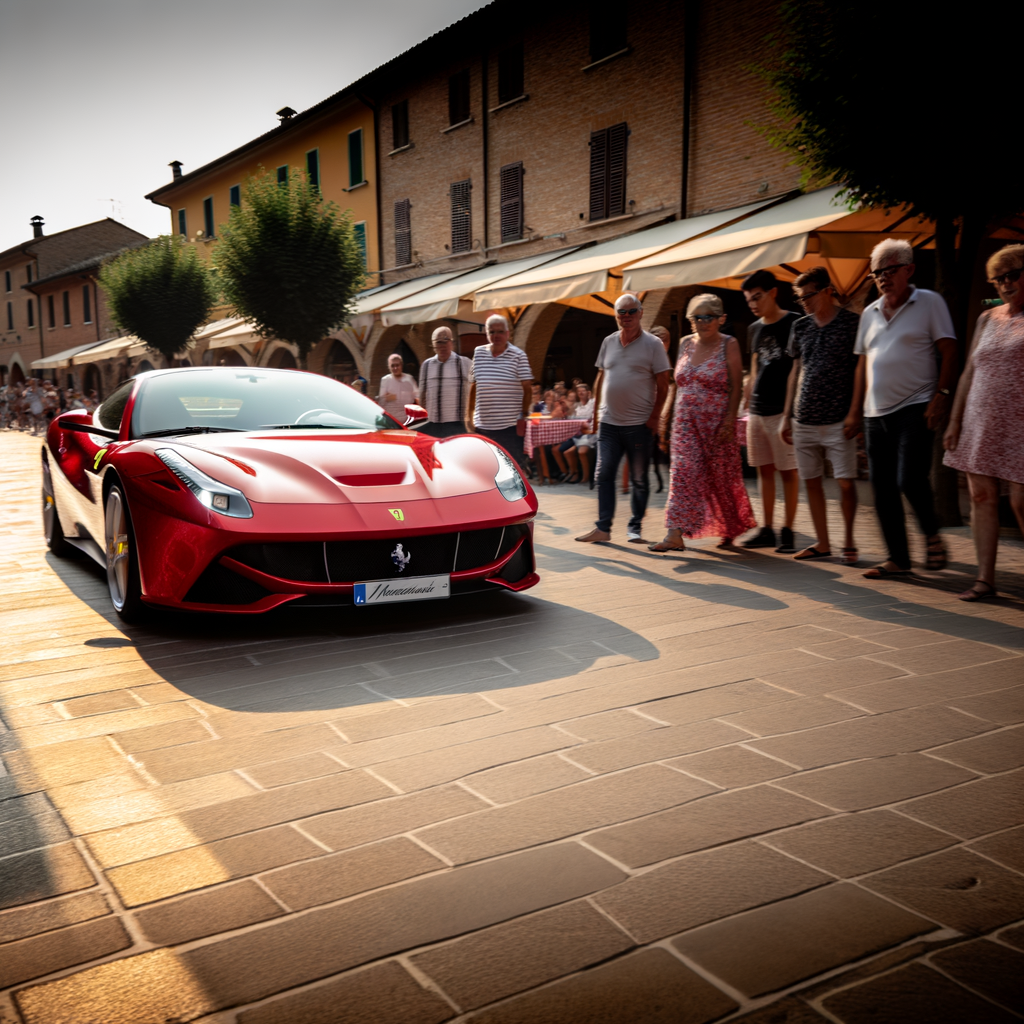 Ferrari supercar glides through Maranello streets.