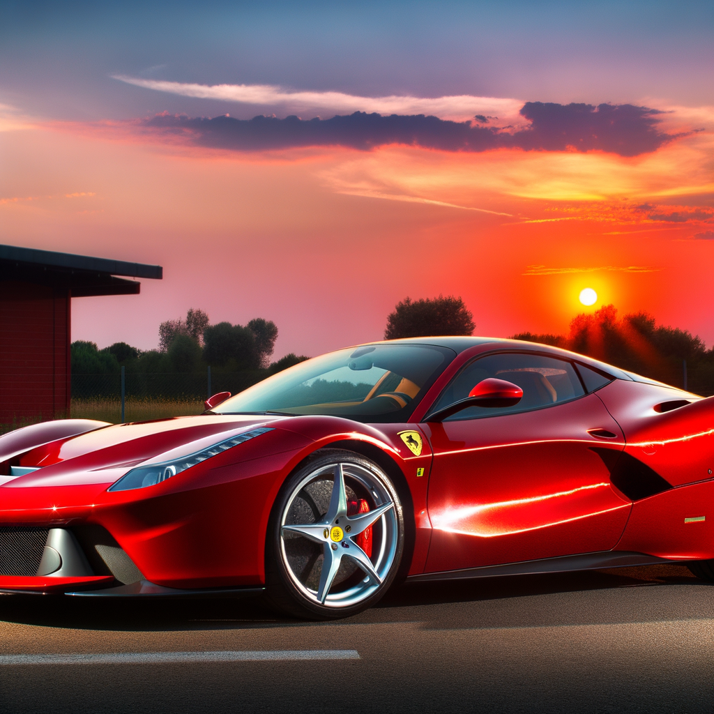 Ferrari supercar glistening under Maranello's sunset.