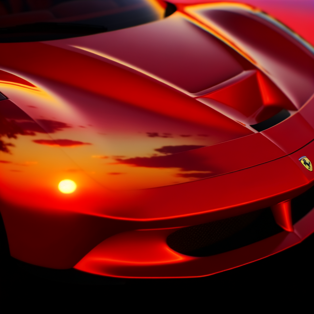 Ferrari supercar glistening under sunset glow.