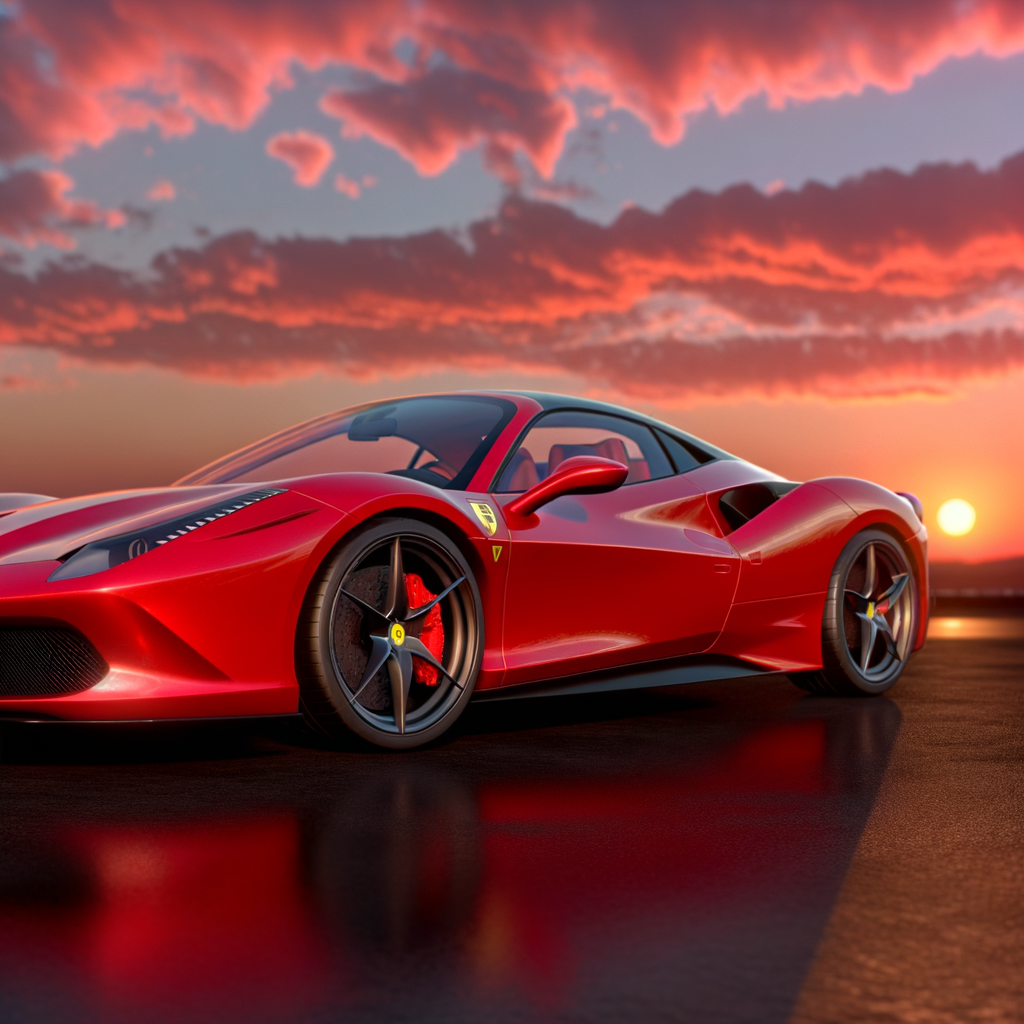 Ferrari supercar glistens in Italian sunset.