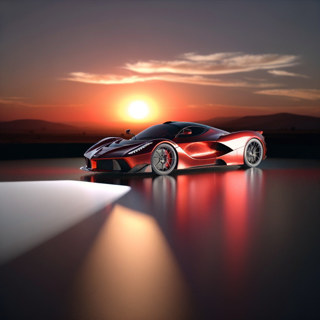 Ferrari supercar glistens under dramatic sunset.