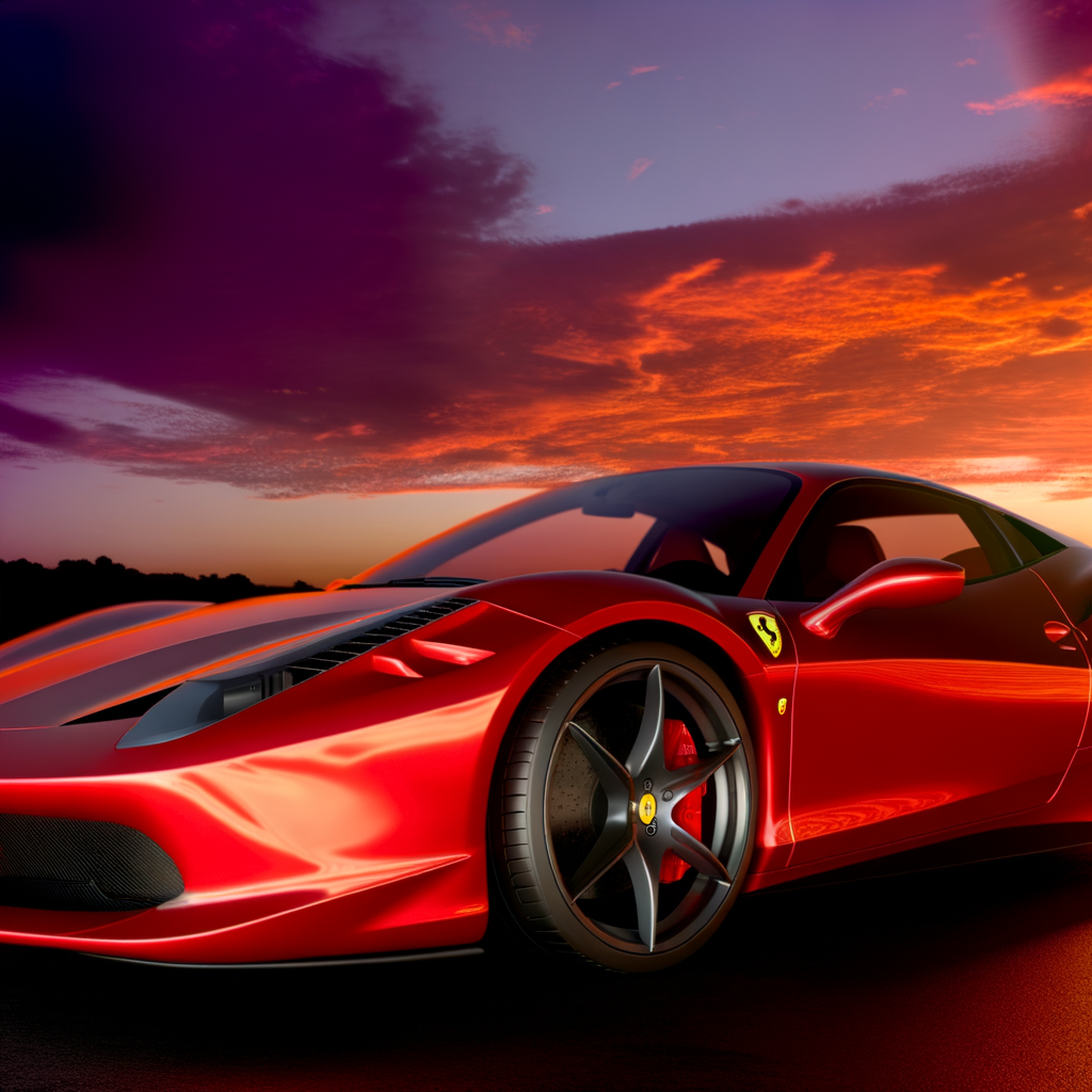 Ferrari supercar glistens under Italian sunset.