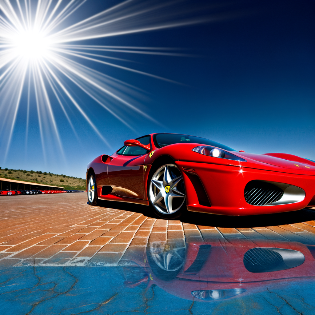 Ferrari supercar glistens under Maranello's sun.