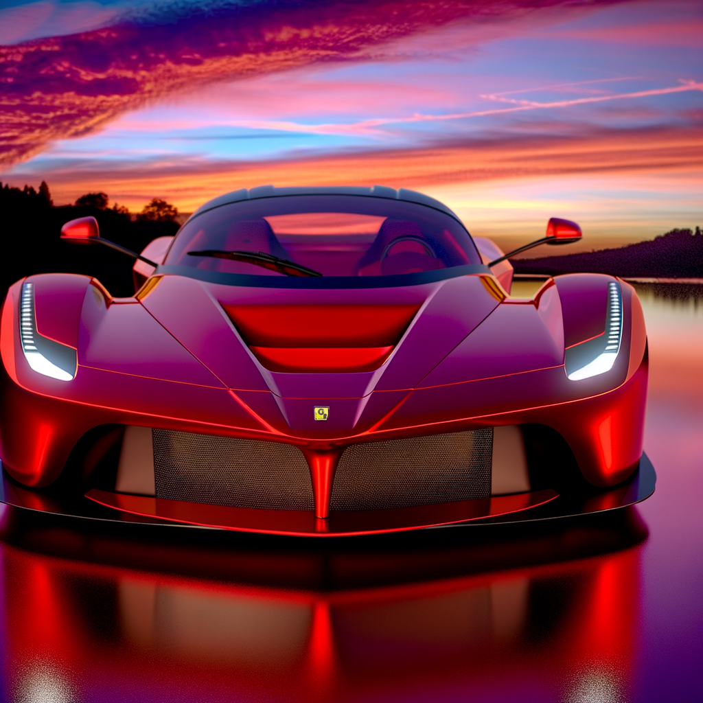 Ferrari supercar glistens under sunset hues.