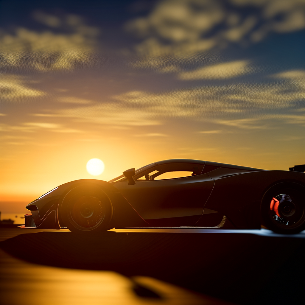 Ferrari supercar races through stunning sunset.