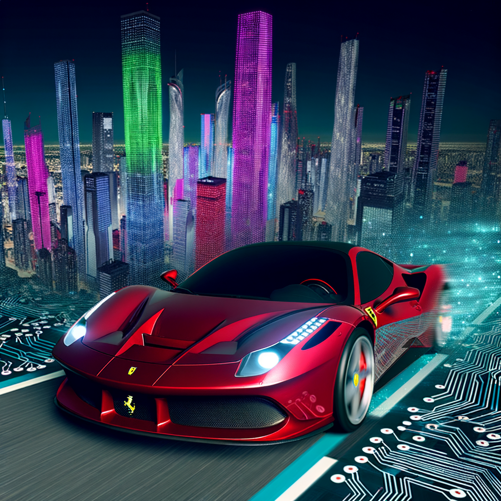 Ferrari supercar racing through futuristic cityscape.