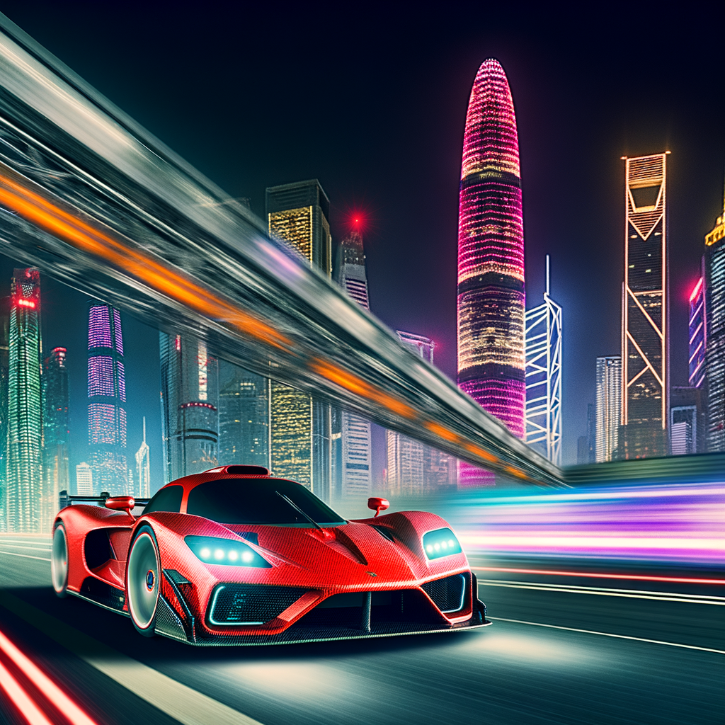 Ferrari supercar racing through futuristic cityscape.