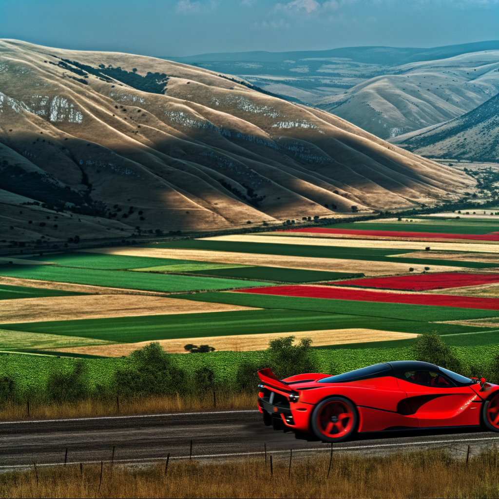 Ferrari supercar racing through Italian countryside.