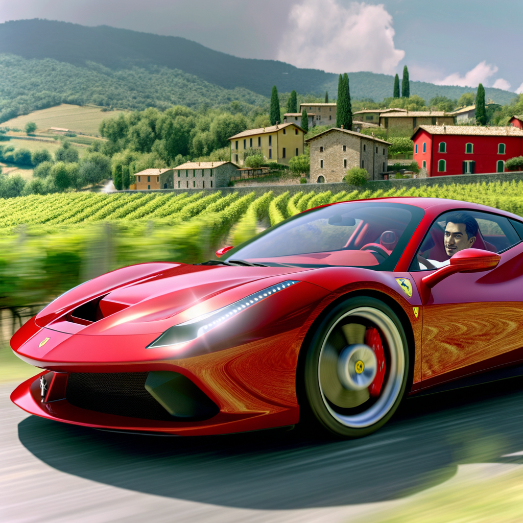 Ferrari supercar racing through Italian countryside.