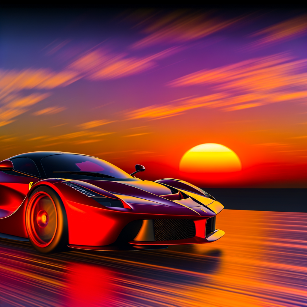Ferrari supercar racing under vibrant sunset.