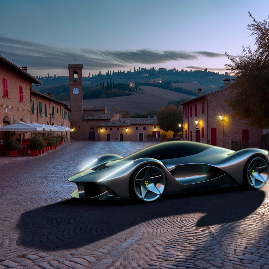 Ferrari's futuristic supercar amidst picturesque Maranello.