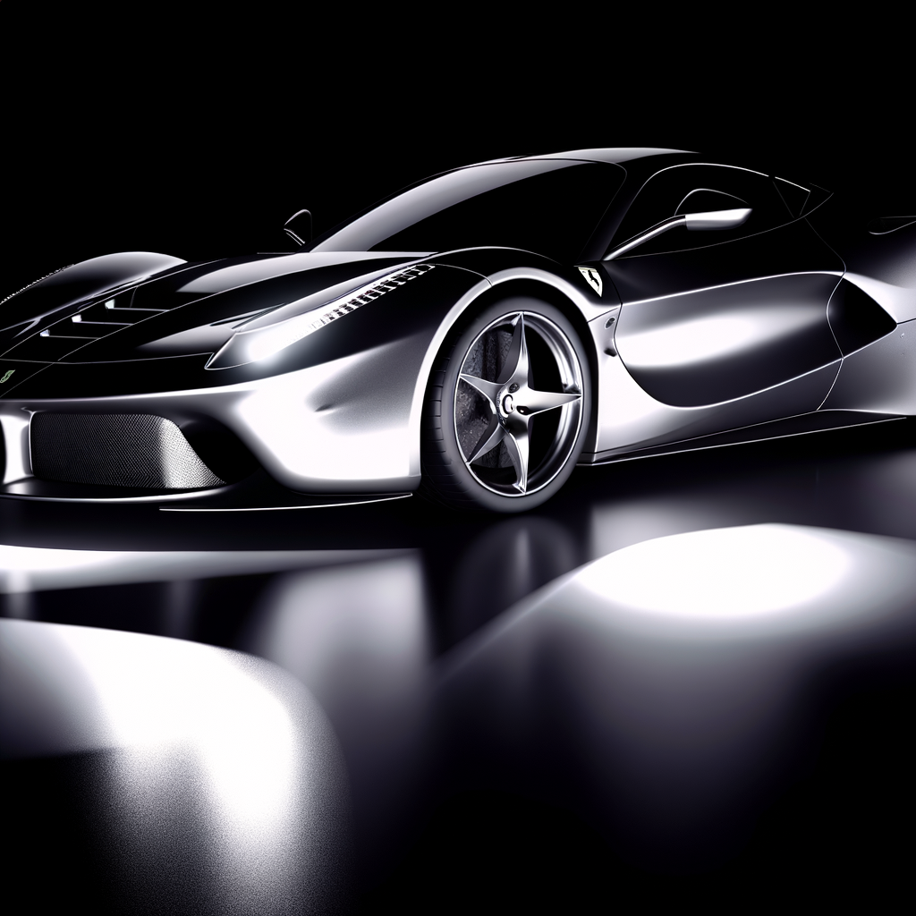 Ferrari's sleek supercar glistens under moonlight.
